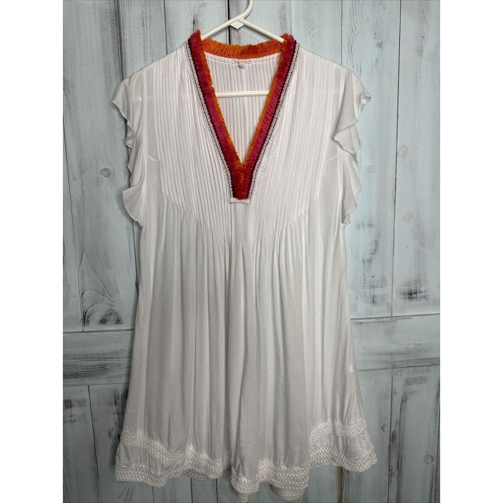 Poupette St Barth White Colorful Trim Sasha Pleated Flutter Sleeve Mini Dress S